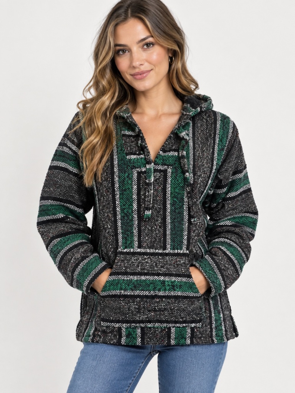 Green and Black Striped Mexican Baja Hoodie